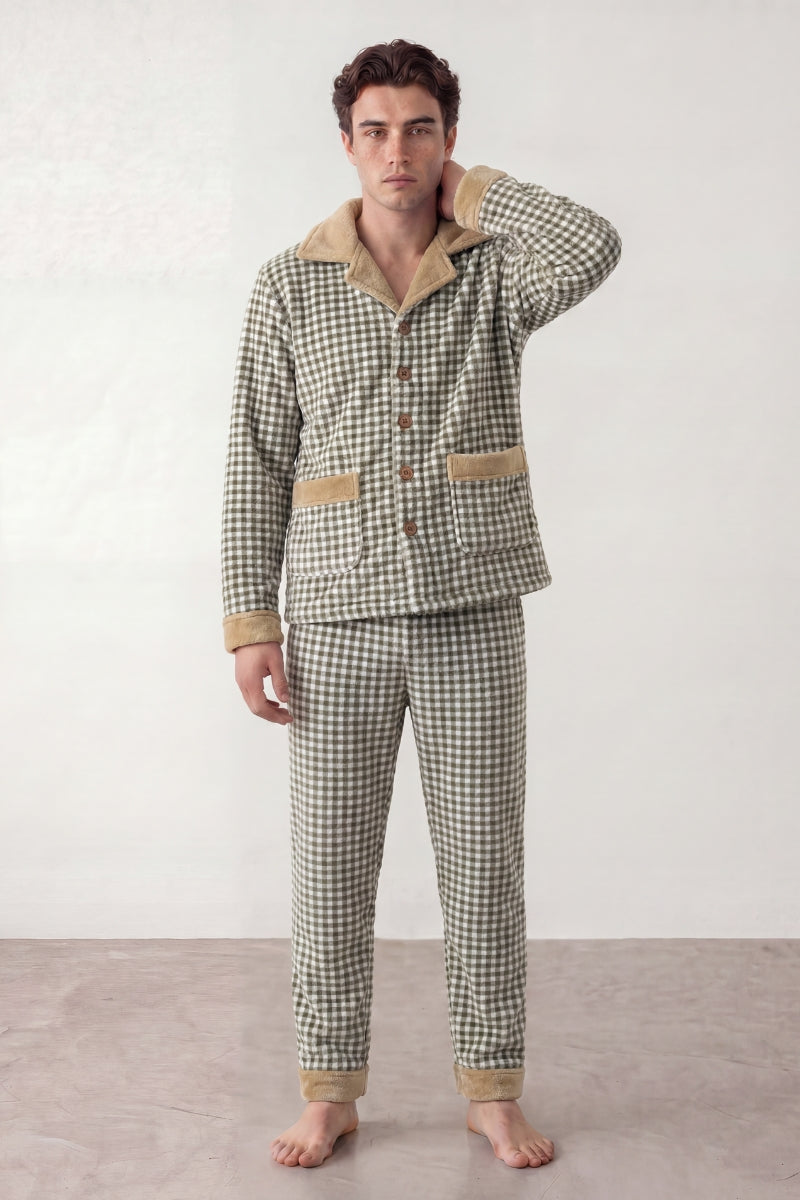 Fleece-Schlafanzug Vichy-Karo Herren, flauschiges Fleece, Fleece-Pyjama für Herren zum Einkuscheln, Vorderansicht