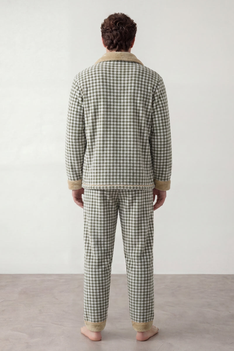 Fleece-Schlafanzug Vichy-Karo Herren, flauschiges Fleece, Fleece-Pyjama für Herren, Detailansicht der Verarbeitung