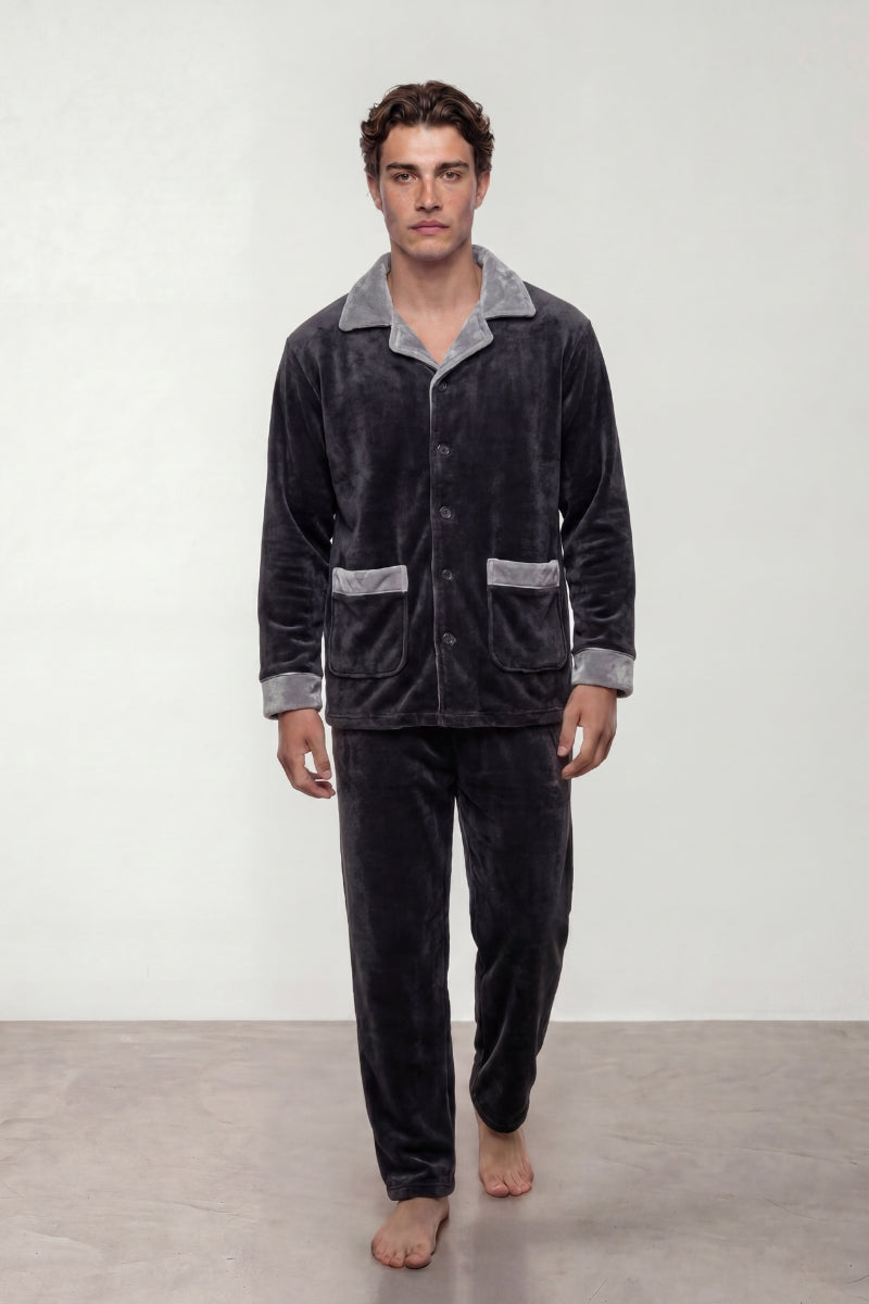 Fleece-Schlafanzug Zweifarbig Herren, flauschiges Fleece, Fleece-Pyjama für Herren zum Einkuscheln, Vorderansicht