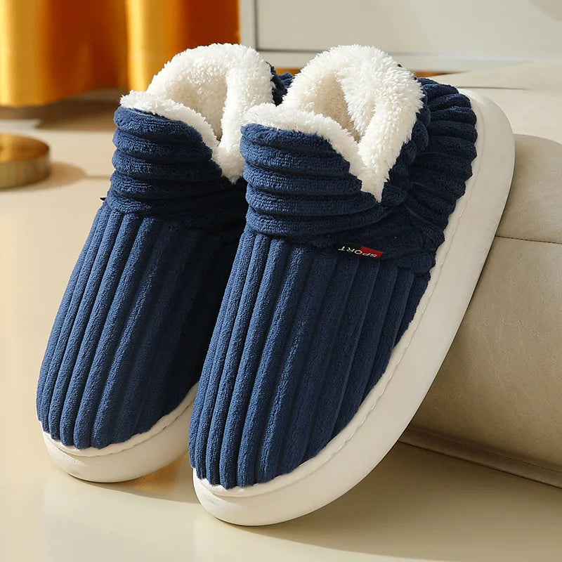 Hausschuhe Boots Marineblau, gefüttert mit isolierender Sohle, warme Hausschuhe für zu Hause zum Einkuscheln, Rückansicht