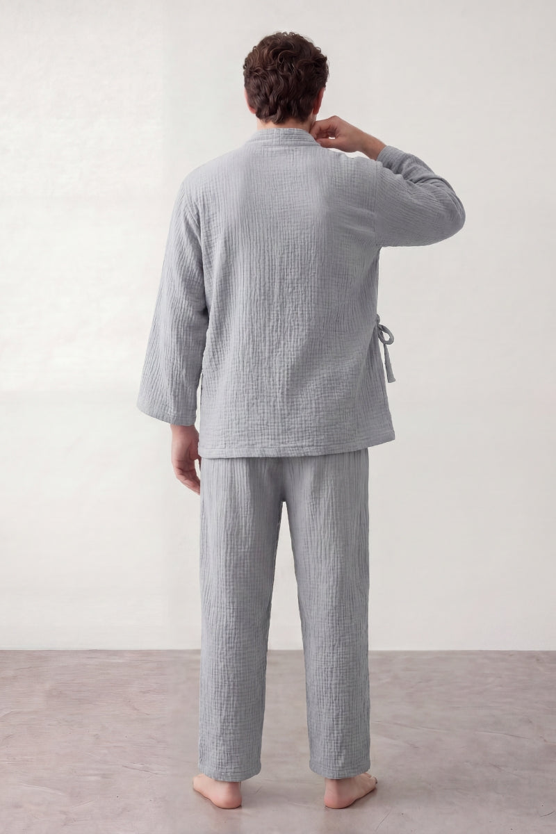 Kimono-Schlafanzug Hellgrau Herren, atmungsaktive Baumwolle, Baumwoll-Pyjama für Herren zum Einkuscheln, Rückansicht