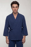Kimono-Schlafanzug Marineblau Herren, atmungsaktive Baumwolle, Baumwoll-Pyjama für Herren zum Einkuscheln, Vorderansicht