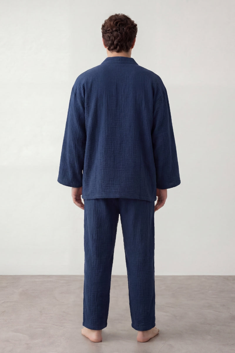 Kimono-Schlafanzug Marineblau Herren, atmungsaktive Baumwolle, Baumwoll-Pyjama für Herren zum Einkuscheln, Rückansicht