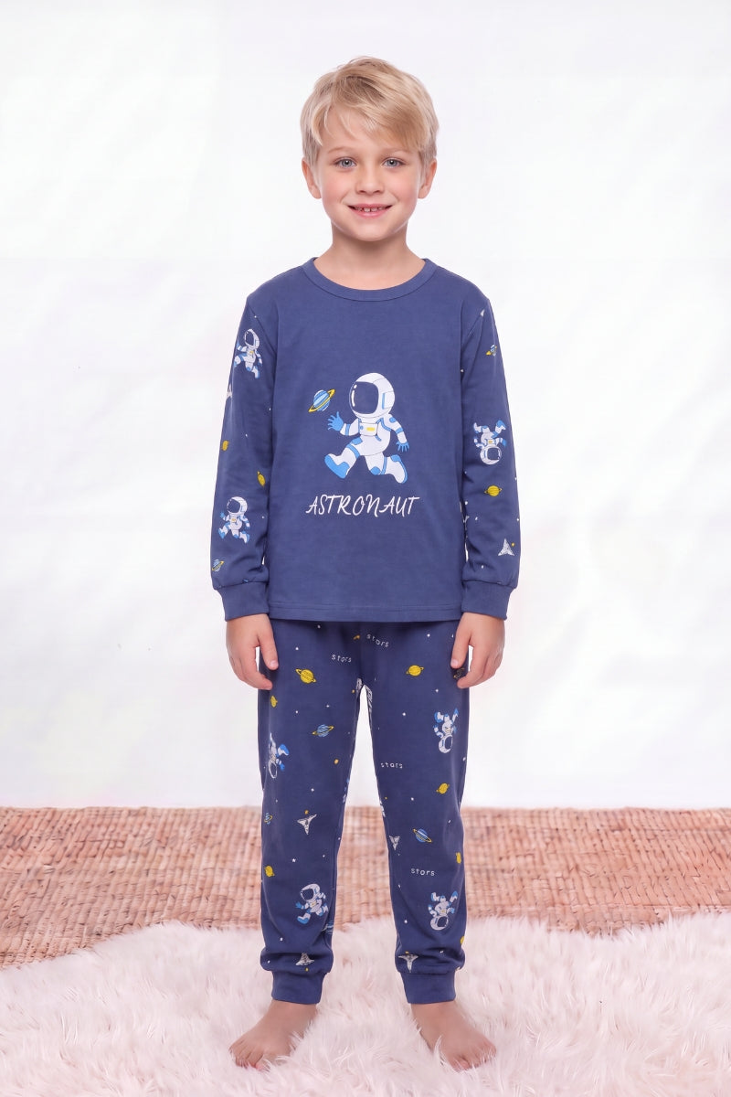 Kinder-Schlafanzug Astronaut Jungen, flache Nähte, Kinder-Pyjama für Jungen zum Einkuscheln, Vorderansicht