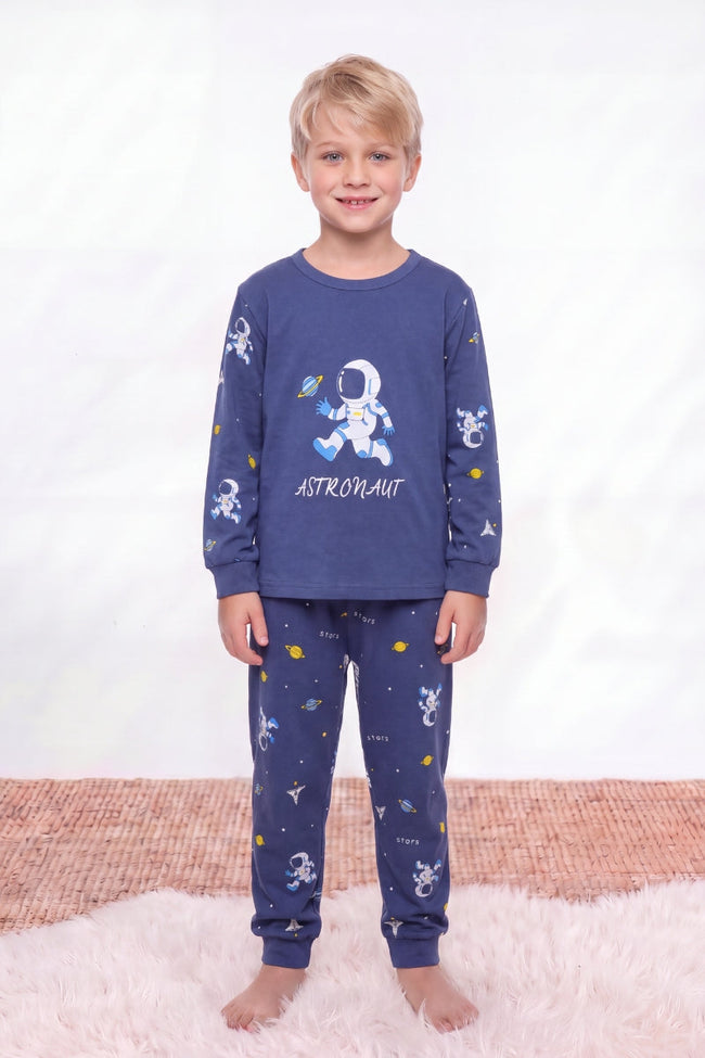 Kinder-Schlafanzug Astronaut Jungen, flache Nähte, Kinder-Pyjama für Jungen zum Einkuscheln, Vorderansicht