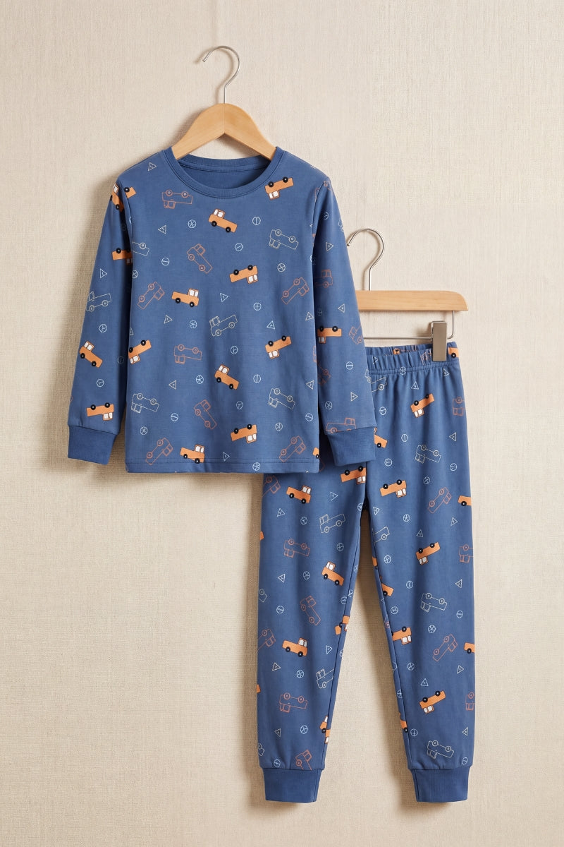 Kinder-Schlafanzug Autos Jungen, flache Nähte, Kinder-Pyjama für Jungen zum Einkuscheln, Rückansicht