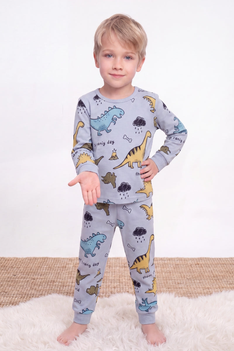 Kinder-Schlafanzug Dinosaurier Jungen, flache Nähte, Kinder-Pyjama für Jungen zum Einkuscheln, Vorderansicht