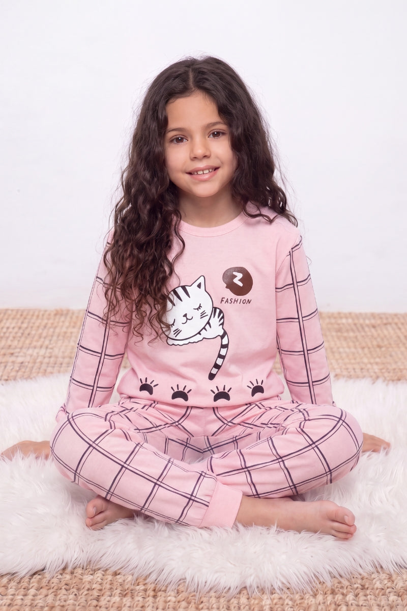 Kinder-Schlafanzug Kätzchen Mädchen, flache Nähte, Kinder-Pyjama für Mädchen zum Einkuscheln, Vorderansicht