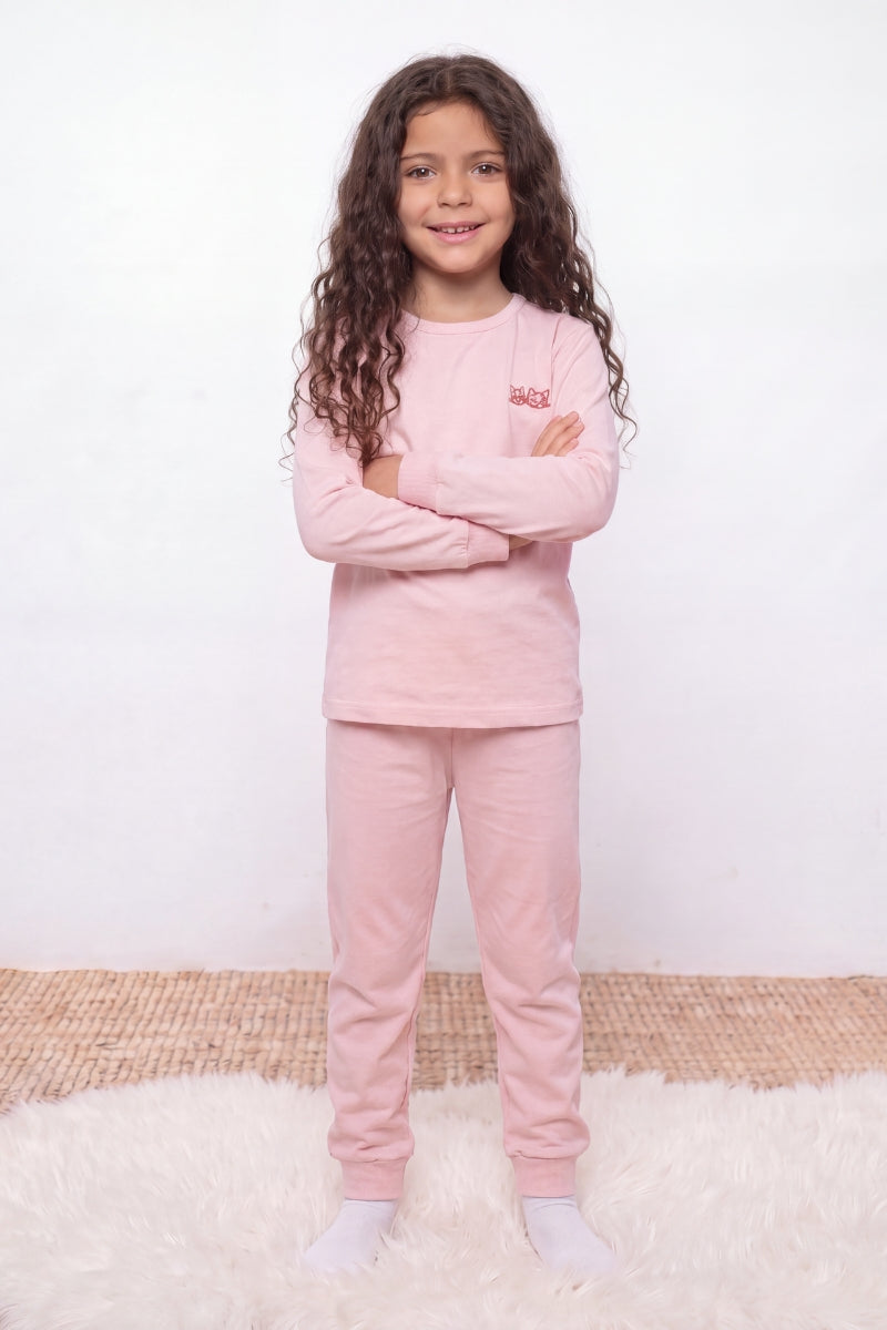 Kinder-Schlafanzug Rosa Mädchen, flache Nähte, Kinder-Pyjama für Mädchen zum Einkuscheln, Vorderansicht