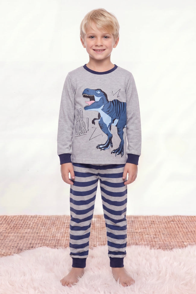 Kinder-Schlafanzug T-Rex Jungen, flache Nähte, Kinder-Pyjama für Jungen zum Einkuscheln, Vorderansicht