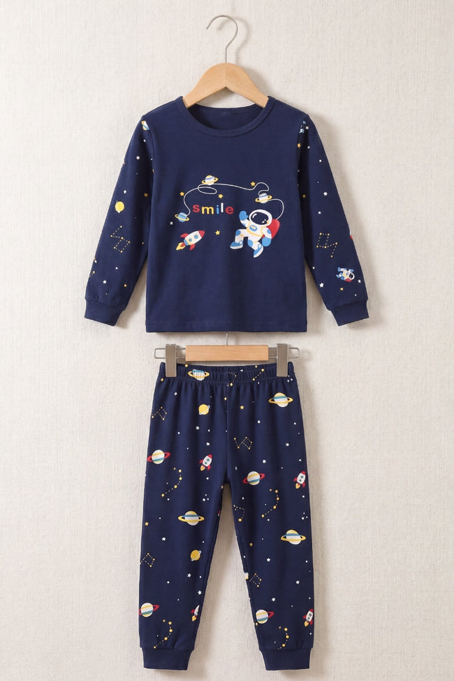 Kinder-Schlafanzug Weltraum Jungen, flache Nähte, Kinder-Pyjama für Jungen zum Einkuscheln, Rückansicht