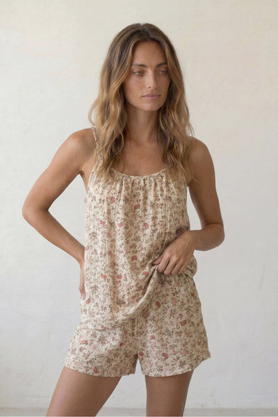 Kurzer Schlafanzug Blumen Beige
