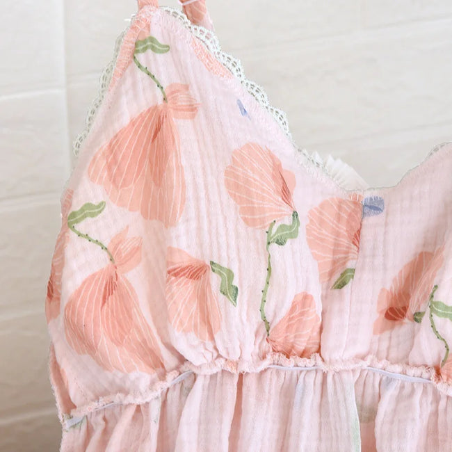 Kurzer Schlafanzug Rosé mit Fruchtmuster, leichtes Material, kurzer Pyjama für Damen zum Einkuscheln, Rückansicht