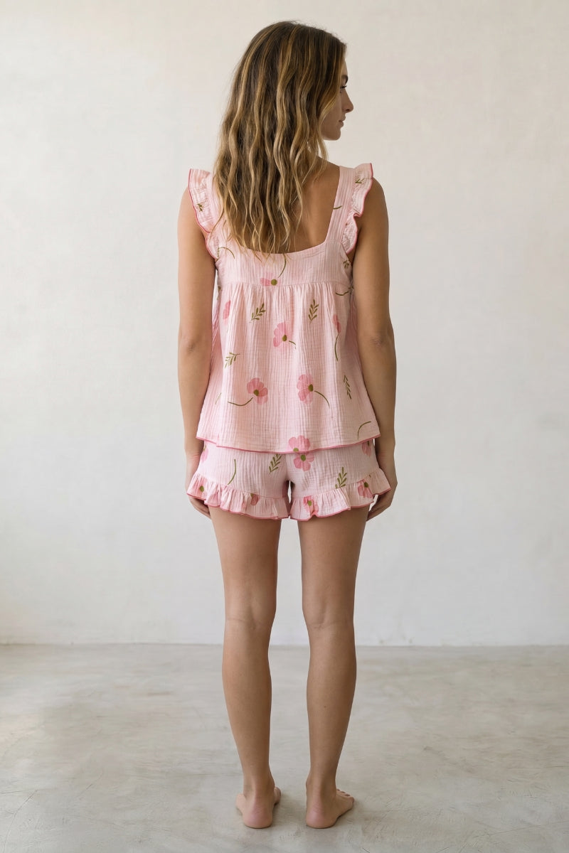 Kurzer Schlafanzug Rosé mit Rüschen, leichtes Material, kurzer Pyjama für Damen zum Einkuscheln, Rückansicht