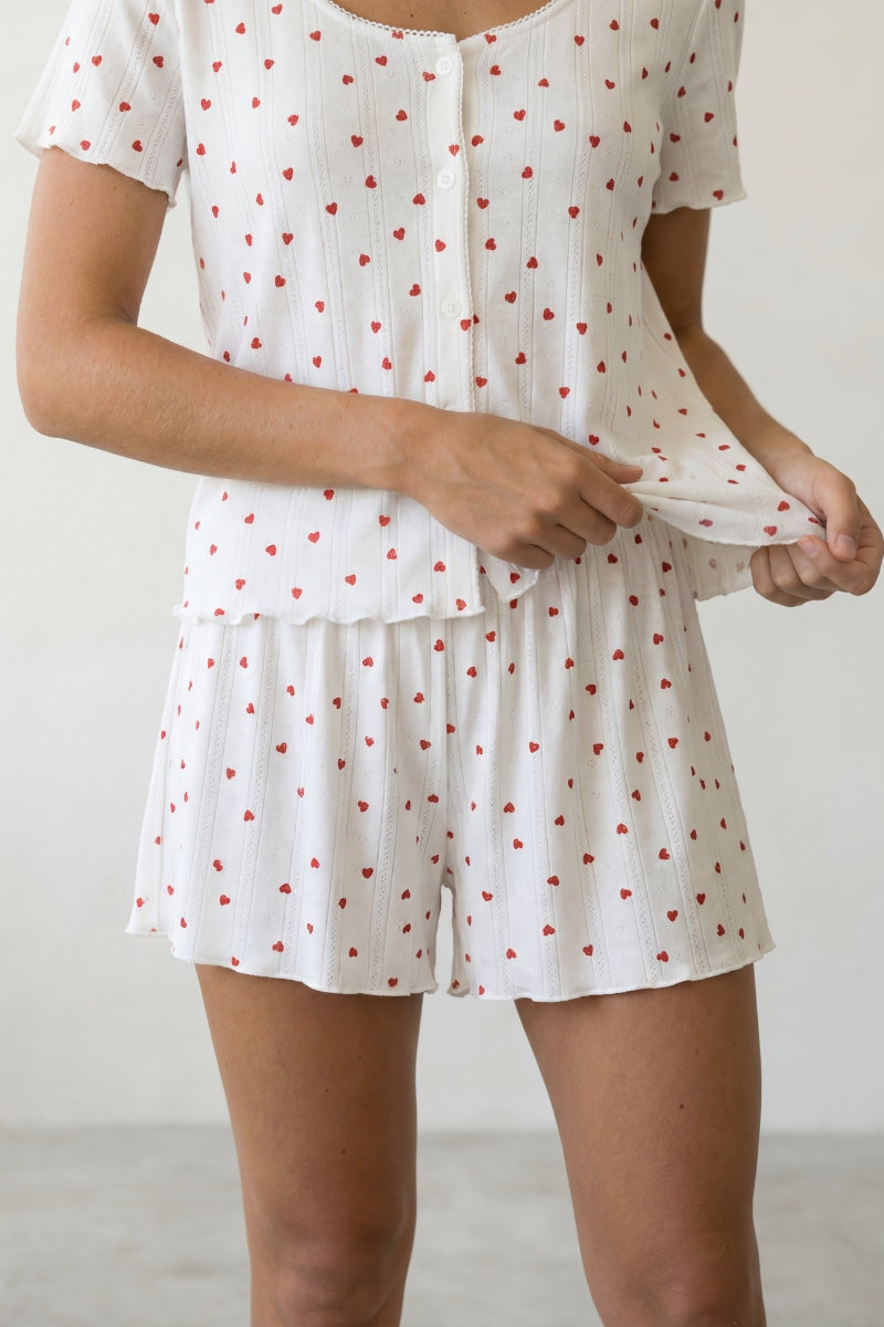 Kurzer Schlafanzug Weiß mit Streumuster, leichtes Material, kurzer Pyjama für Damen zum Einkuscheln, Rückansicht