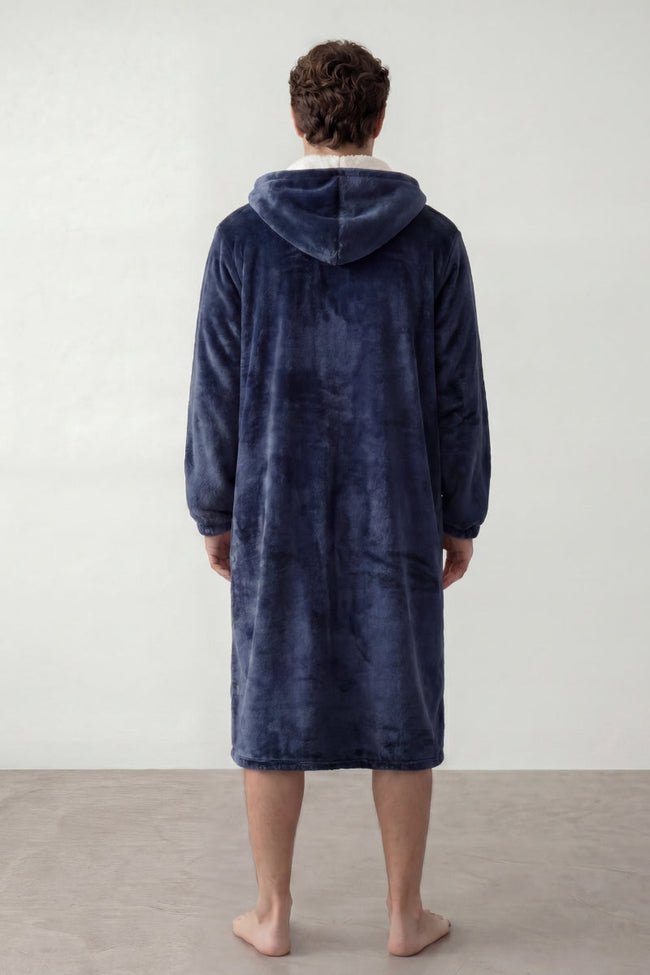Morgenmantel Fleece Herren, langer Schnitt mit Gürtel, Morgenmantel zum Einhüllen zum Einkuscheln, Rückansicht