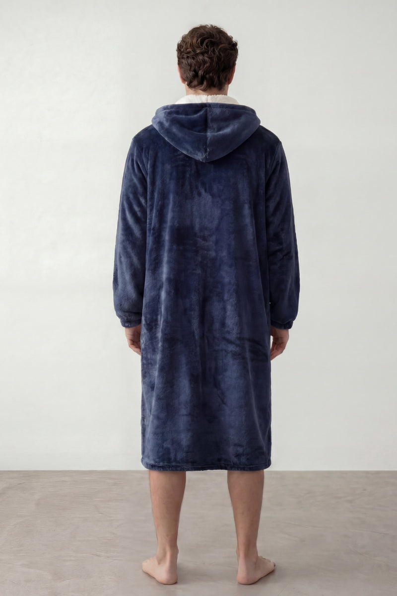 Morgenmantel Fleece Herren, langer Schnitt mit Gürtel, Morgenmantel zum Einhüllen zum Einkuscheln, Rückansicht
