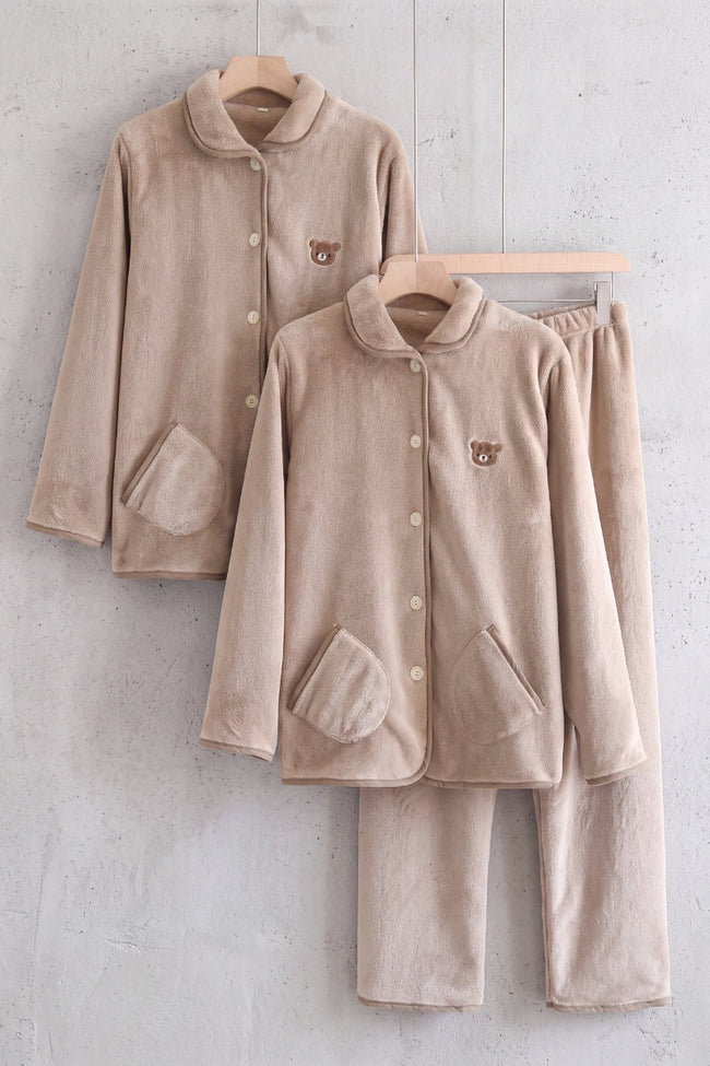 Partner-Schlafanzug Fleece, abgestimmter Schlafanzug für Damen und Herren in Milchkaffee und Milchkaffee, weich und warm für gemütliche Nächte zu zweit