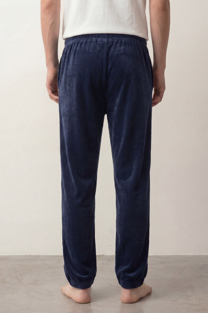 Schlafhose Flausch Marineblau Herren, weicher Gummibund, Pyjamahose für Herren zum Einkuscheln, Rückansicht