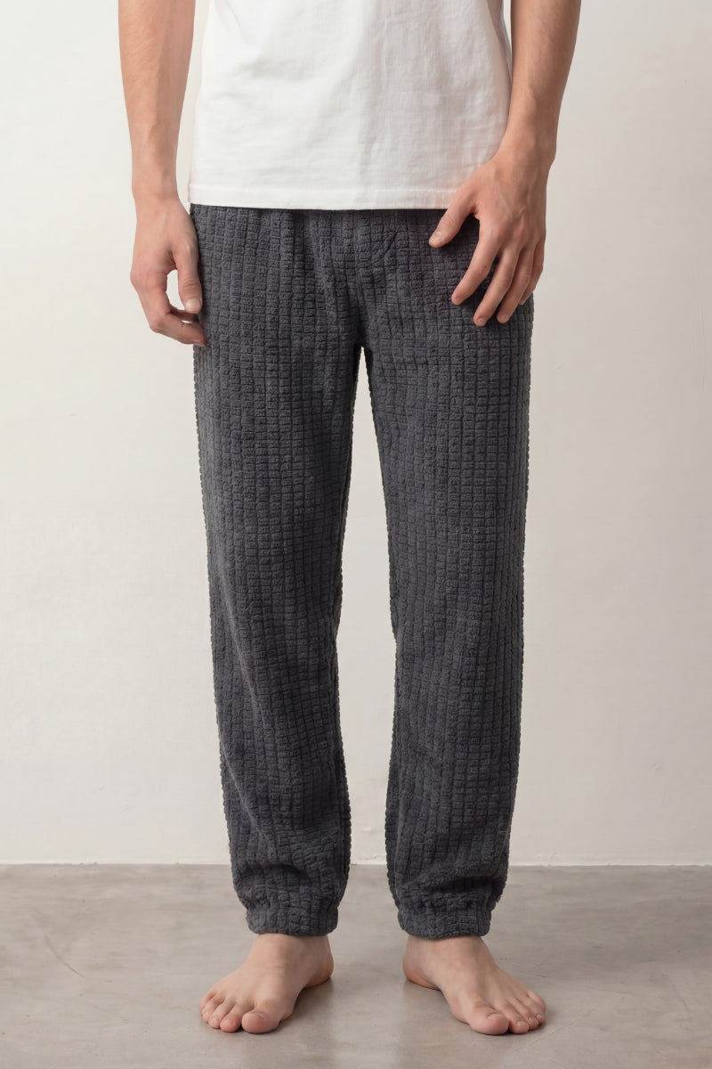 Schlafhose Kuschelfleece Anthrazit Herren, weicher Gummibund, Pyjamahose für Herren zum Einkuscheln, Vorderansicht