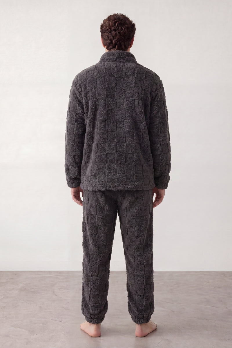 Warmer Schlafanzug Anthrazit Herren, dichtes Kuschelfleece, Winter-Pyjama für Herren zum Einkuscheln, Rückansicht
