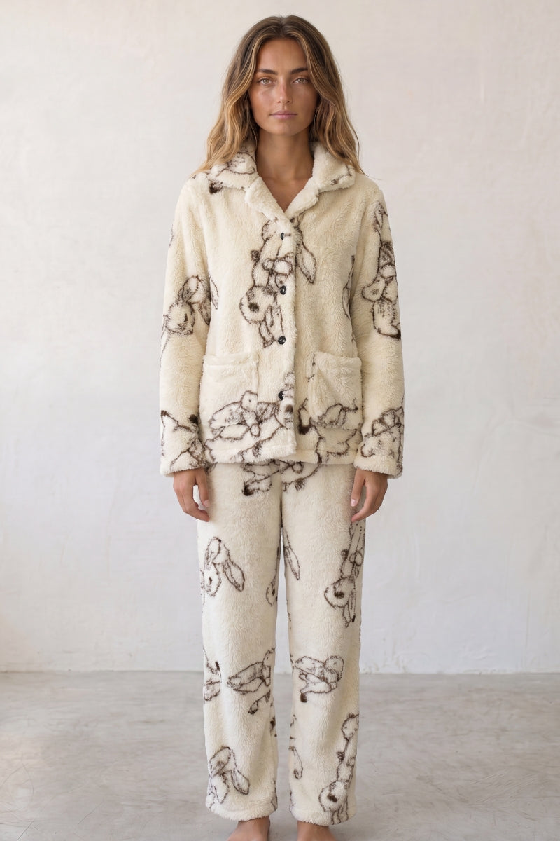 Warmer Schlafanzug Hasenmuster, dichte Waffelstruktur aus Kuschelfleece, Winter-Pyjama für Damen zum Einkuscheln, Rückansicht
