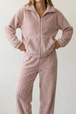 Warmer Schlafanzug Mauve Gerippt, dichte Waffelstruktur aus Kuschelfleece, Winter-Pyjama für Damen, Rückansicht