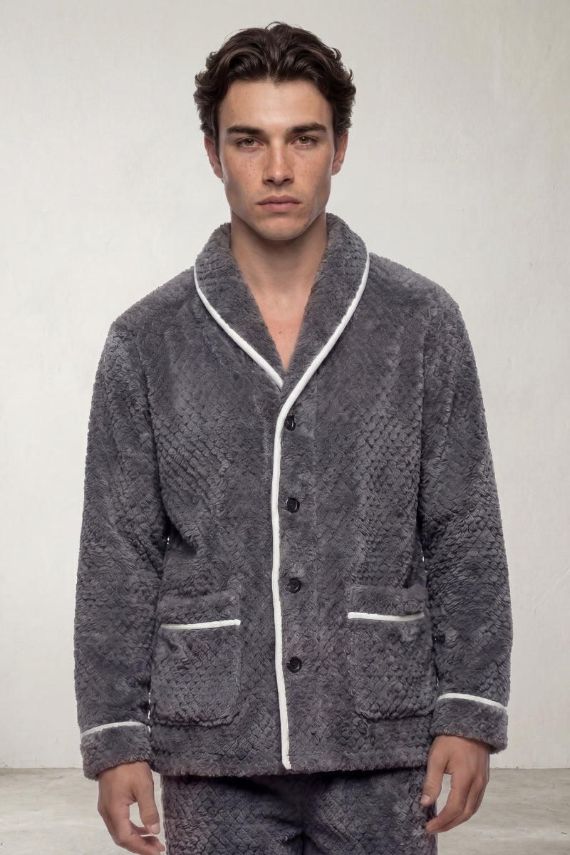 Warmer Schlafanzug Schalkragen Herren, dichtes Kuschelfleece, Winter-Pyjama für Herren zum Einkuscheln, Vorderansicht