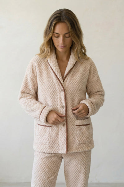 Warmer Schlafanzug Schalkragen Sandbeige
