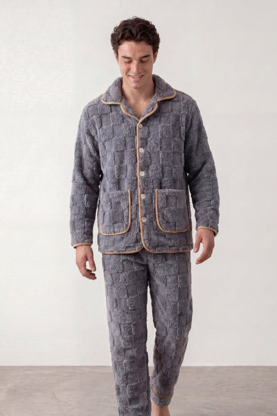 Warmer Schlafanzug Waffelstruktur Grau Herren