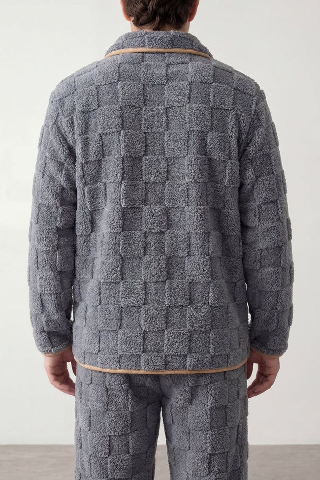 Warmer Schlafanzug Waffelstruktur Grau Herren, dichtes Kuschelfleece, Winter-Pyjama für Herren zum Einkuscheln, Rückansicht