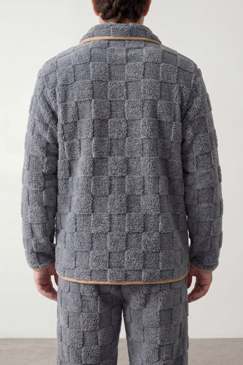 Warmer Schlafanzug Waffelstruktur Grau Herren, dichtes Kuschelfleece, Winter-Pyjama für Herren zum Einkuscheln, Rückansicht