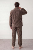 Winter-Schlafanzug Braun Herren, dichtes Kuschelfleece, Winter-Pyjama für Herren zum Einkuscheln, Rückansicht