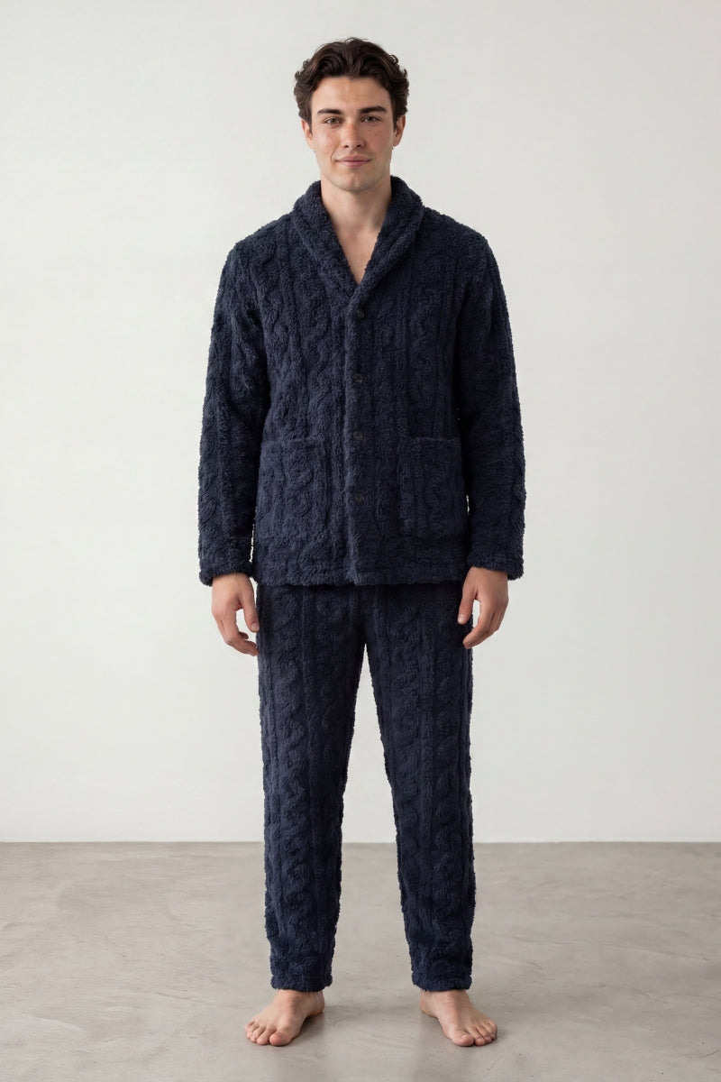 Winter-Schlafanzug Marineblau Herren, dichtes Kuschelfleece, Winter-Pyjama für Herren zum Einkuscheln, Vorderansicht