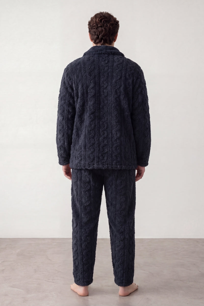Winter-Schlafanzug Marineblau Herren, dichtes Kuschelfleece, Winter-Pyjama für Herren zum Einkuscheln, Rückansicht